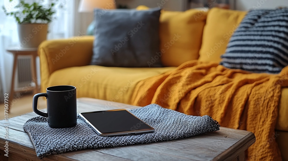 Poster smartphone usage for video calls in a cozy living room environment stock photo with side copy space