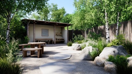 A serene outdoor space with seating and natural elements.