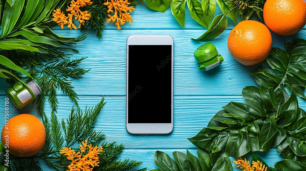 Poster smartphone usage during a fitness workout for tracking progress and goals stock photo with side copy