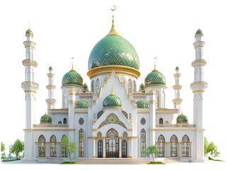 Fototapeta premium Vibrant Mosque with Green and Gold Dome Against Transparent Background