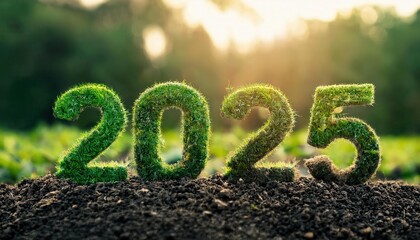 Lush Green Grass Numbers Representing 2025 Emerging from Fresh Soil in a Sunlit Natural Environment for Sustainability Themes