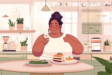 In a bright kitchen, a cheerful woman celebrates her journey towards a ketosis state. Enjoying delicious meals, she embraces the Ketogenic diet for effective weight loss.