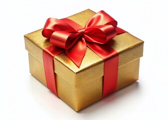 Obraz premium Luxurious Golden Gift Box with Red Bow on White Background - Isolated Stock Photo