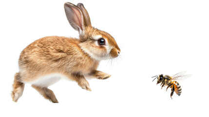 Fototapeta premium Young Rabbit and Honeybee Encounter in Nature