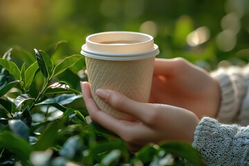 Hands holding reusable coffee cup in nature high fidelity closeup eco-friendly lifestyle serene environment captured moment