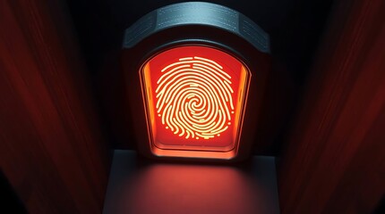 A glowing red fingerprint scan illuminates a futuristic security panel.