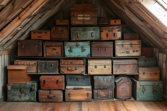 Attic filled with vintage wooden suitcases and trunks.