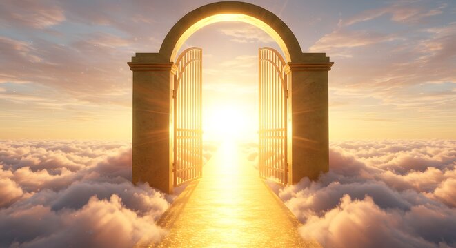 Open gate leading to golden pathway surrounded by radiant light and soft clouds symbolizing promise of eternal life