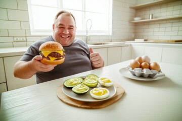 A cheerful man enjoys a burger while showcasing a plate of keto-friendly foods. Embracing the ketosis state, he supports his weight loss journey through the Ketogenic diet.
