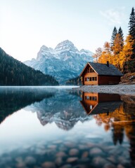 Fototapeta premium A tranquil mountain lake reflecting the surrounding peaks, with a small wooden cabin nestled on its shore