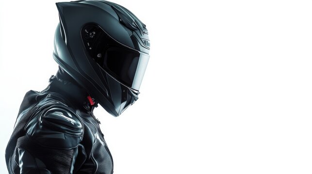 A motorcyclist stands in profile, sporting a sleek black helmet and a matching leather suit. The clean white background highlights the rider's gear, emphasizing safety and style