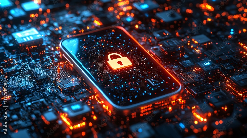 Poster Smartphone safety demonstrated through secure login methods on a vibrant screen Stock Photo with side copy space