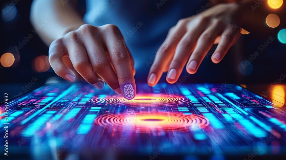 Poster Smartphone safety explained with a person using fingerprint authentication Stock Photo with side copy space