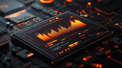 Obraz premium A digital display shows data visualizations with vibrant orange tones, set against a dark, technology-themed background of circuit patterns.