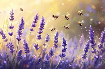 A field of lavender in full bloom, with purple flowers and green leaves, bumblebees buzzing around the plants