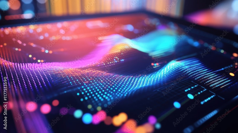 Poster glowing particles flowing and forming a dynamic wave pattern on a digital screen, visualizing comple