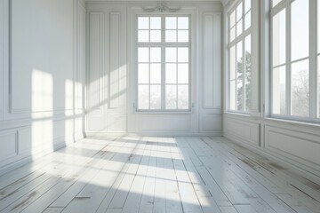 Obraz premium Crisp White Room Corner with Sunlit Window - Architectural Perspective Illustration