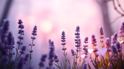 Fototapeta premium A close-up of vibrant purple lavender flowers in soft focus, bathed in the warm hues of a beautiful sunset.