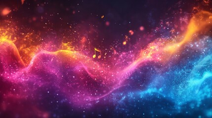 Fototapeta premium Cosmic Symphony, A Vibrant Orchestration of Light and Sound in a Starry Nebula with Floating Music Notes