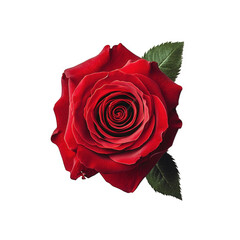 close-up view of a vibrant red rose with a spiral center. surrounded by lush green leaves against a minimalist white background this visually striking flower symbolizes love and beauty. making it suit