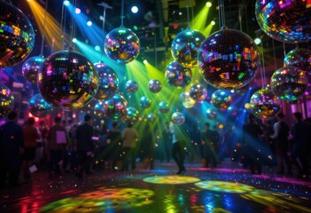 Colorful disco balls and crowd in vibrant nightclub setting.