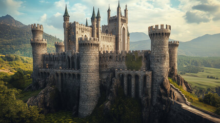 Fototapeta premium Historical castle with towering stone walls, intricate details, and surrounding greenery in a serene countryside setting 