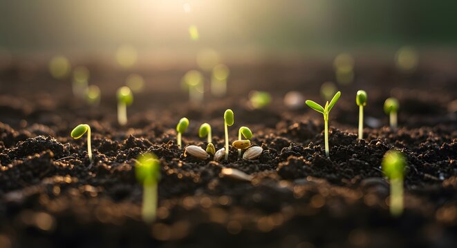 Seeds scattered on fertile soil under radiant sun with sprouts symbolizing spiritual growth