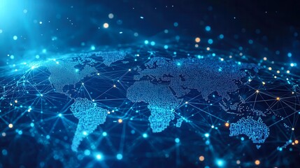 Obraz premium A digital depiction of a world map connected by glowing lines and nodes, symbolizing global connectivity and data flow, Ideal for technology, networking, or data visualization projects,