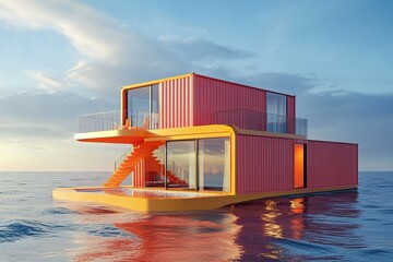 3d design. Concept minimalism villa on the sea. House of containers. Pool