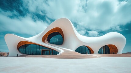 Modern architectural design, a white, organic building with smooth curves and recessed windows, sits on a paved plaza against a partly cloudy sky..