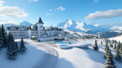 Scenic winter resort with mountains and snow-covered landscape.