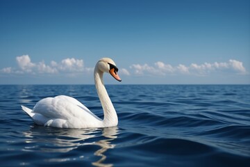 Obraz premium there is a white swan floating in the water with a blue sky in the background