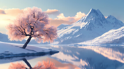 Snowcovered tree beside a serene, snowcapped mountain lake reflecting the winter sky. Snowcap. Illustration
