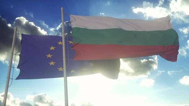 Bulgaria and European Union flags waving on the wind. Democracy and politics. European country
