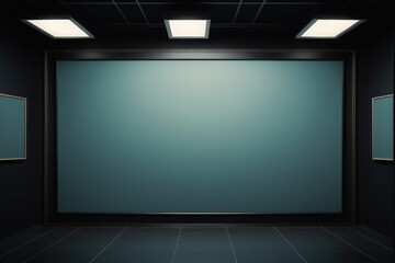 a dimly lit room with a large screen and three framed pictures