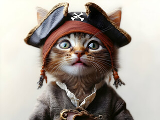 Adorable kitten dressed in a pirate costume.