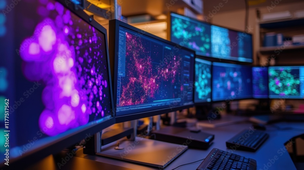 Poster multiple computer screens displaying colorful abstract data visualizations in a dark modern office e
