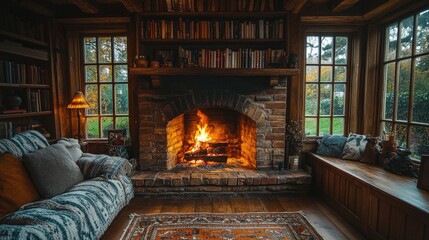 Cozy Cabin Fireplace Room With Bookshelves And Windows