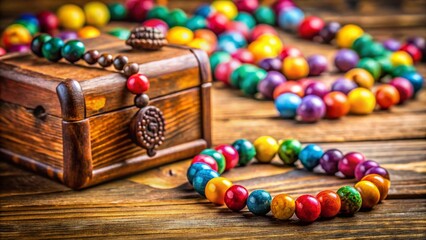 Macro Close-up of Wooden Beads & Colorful Necklace in Antique Box