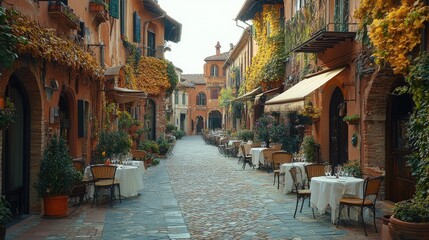 Obraz premium Charming Italian Alleyway With Outdoor Cafe Seating