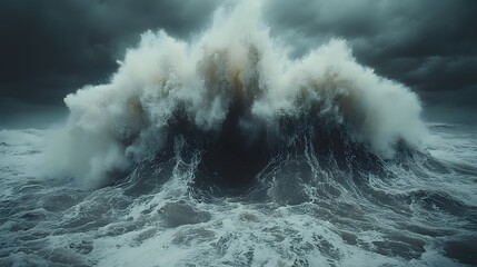 A massive, powerful ocean wave crashes under a stormy sky.
