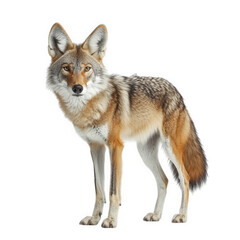 Fototapeta premium a detailed of a coyote standing gracefully against a white background. showcasing its distinctive features and fur patterns the animal appears alert and curious. embodying the essence of wildlife
