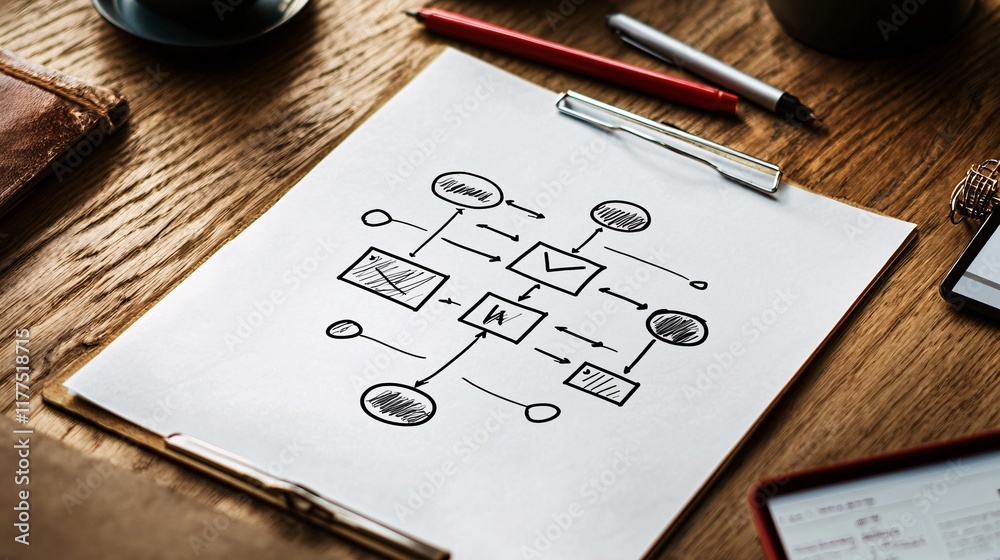 Leinwandbilder Intro to programming explained with a flowchart sketching a simple program design Stock Photo with side copy space