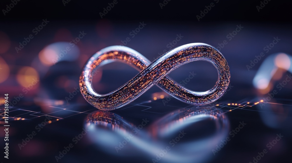 Poster Abstract rendering of an infinity symbol made from metallic material, representing endless possibilities and infinite technology against a blurred colorful background