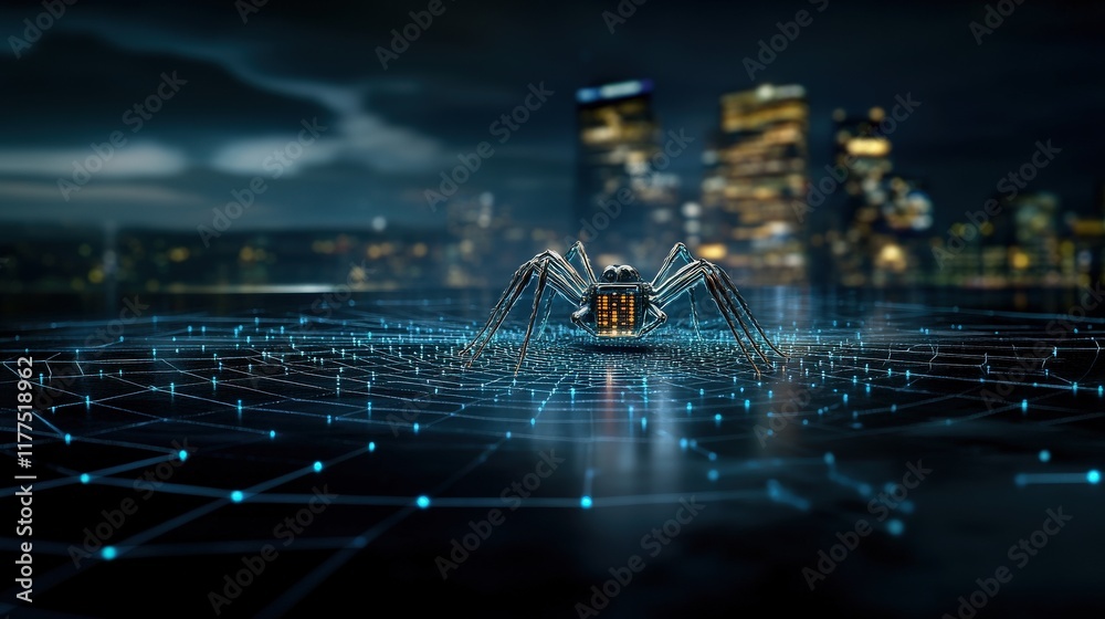 Poster futuristic digital spider crawling through a vast network in a cityscape at night with bright lights