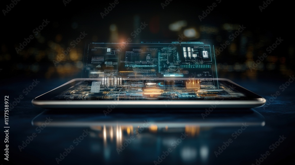 Leinwandbilder Modern Tablet Displaying Digital Interface and Data Visualization Over Cityscape Background with Abstract Technology Elements and Futuristic Graphics