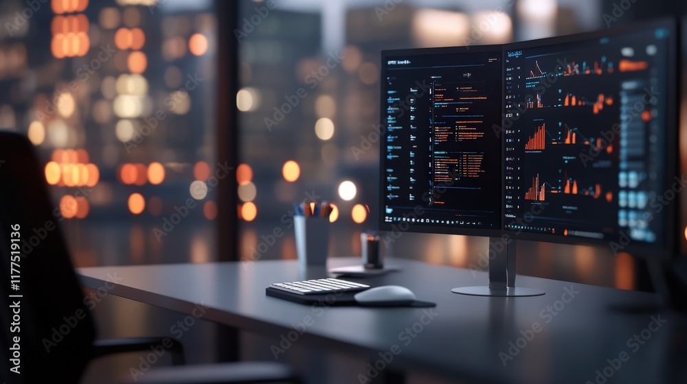 Poster Modern Office Workspace at Night Featuring Dual Monitors Displaying Data Visualizations and Analytics Against a Blurry Cityscape Background