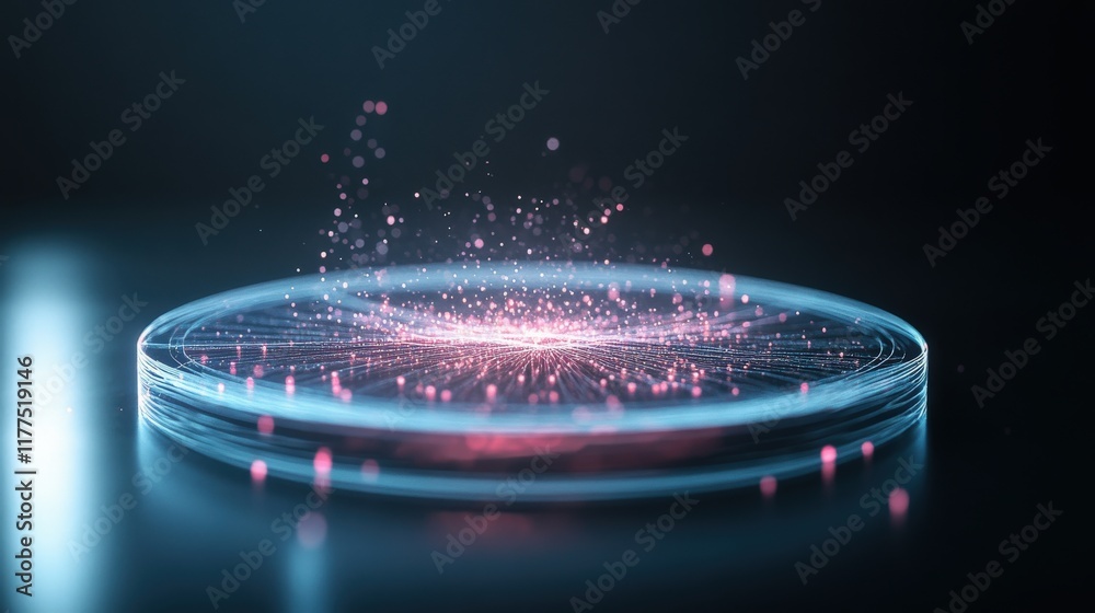 Poster Abstract glowing sphere with particles and lines representing digital technology and innovation on a dark background in a futuristic design concept