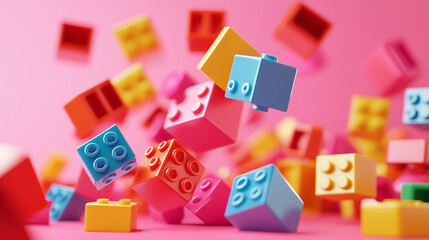 A vibrant 3D render of floating plastic toy blocks, isolated on a pastel pink backdrop, creating a fun levitation concept.