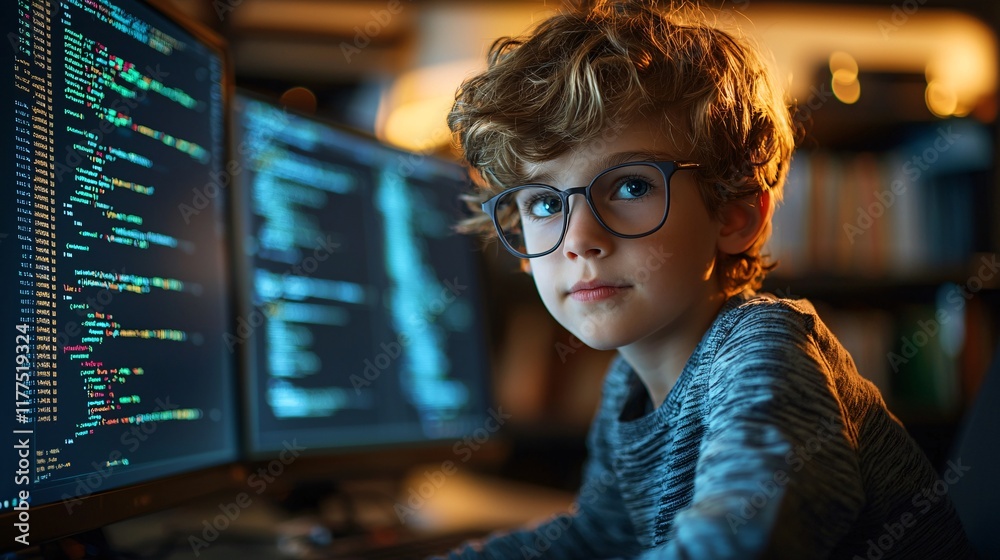 Leinwandbilder Intro to programming illustrated with a child learning through a gamified coding app Stock Photo with side copy space